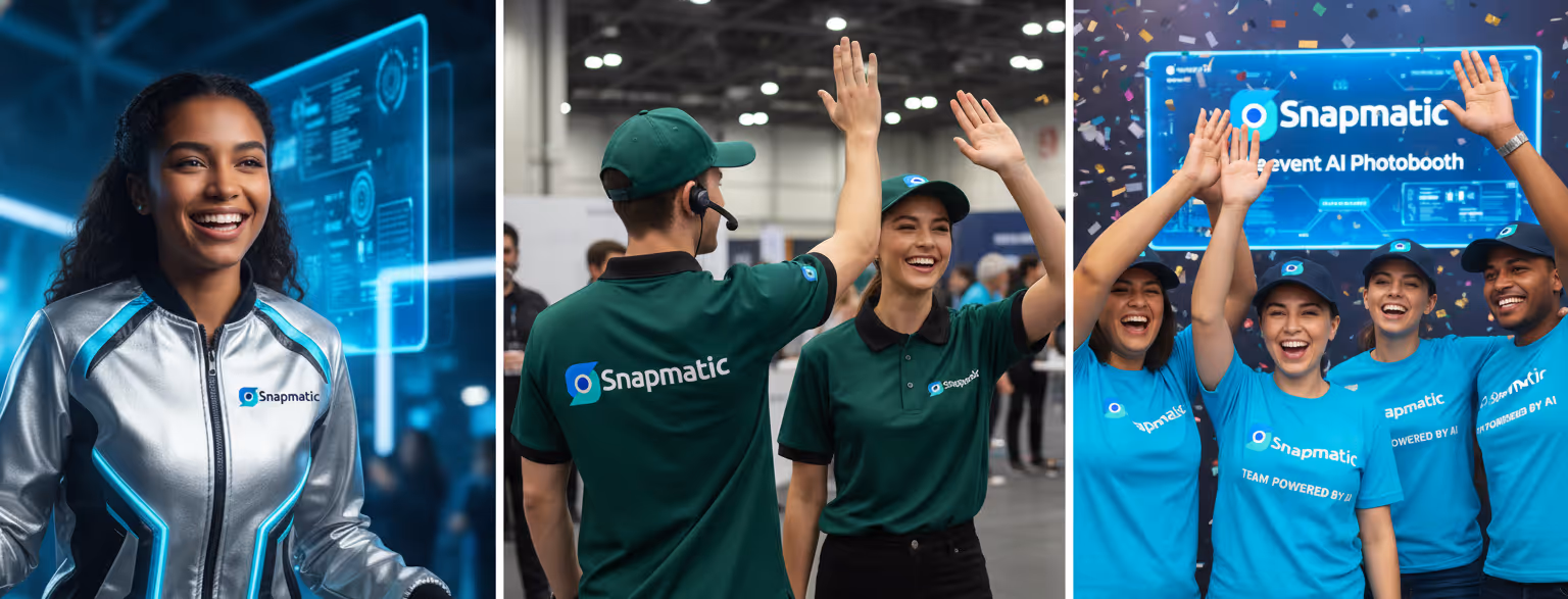 Four brand ambassadors wearing consistent black and cyan tech uniforms with high-fidelity logos, showcasing Snapmatic’s Gen 3 AI workflow for professional event brand activations.