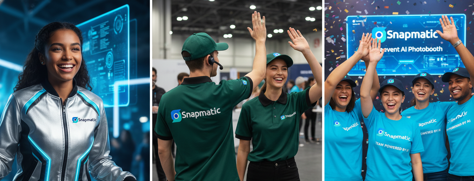 Four brand ambassadors wearing consistent black and cyan tech uniforms with high-fidelity logos, showcasing Snapmatic’s Gen 3 AI workflow for professional event brand activations.