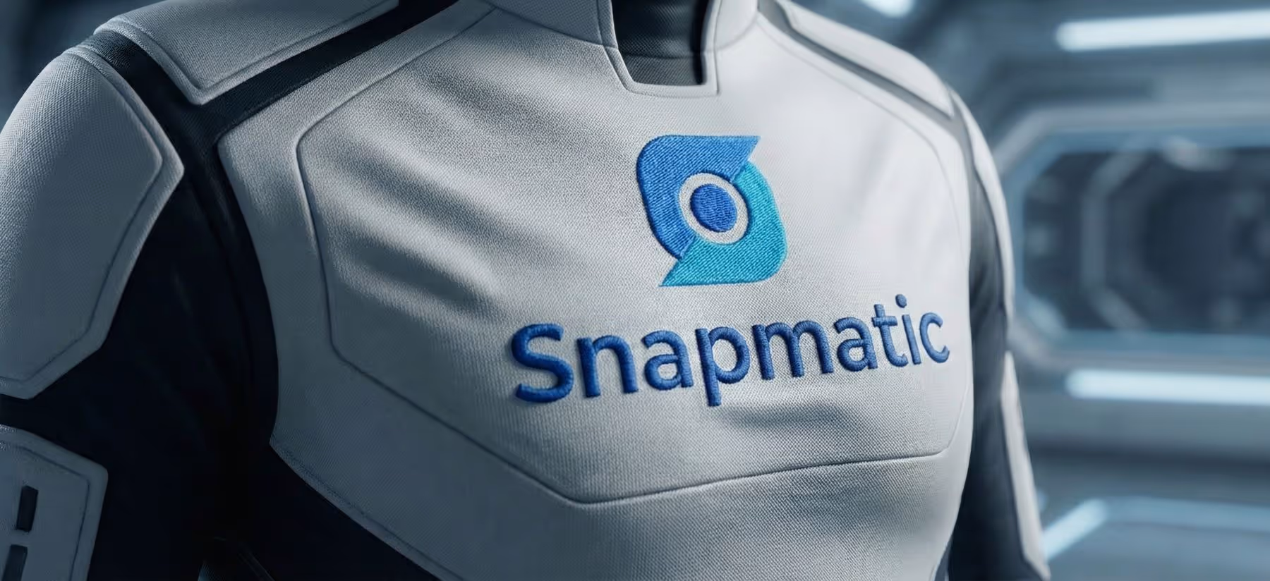 Close-up view of the embroidered blue Snapmatic logo on a white futuristic uniform chest panel, illustrating consistent character branding for AI brand activations and Gen 3 AI workflows.