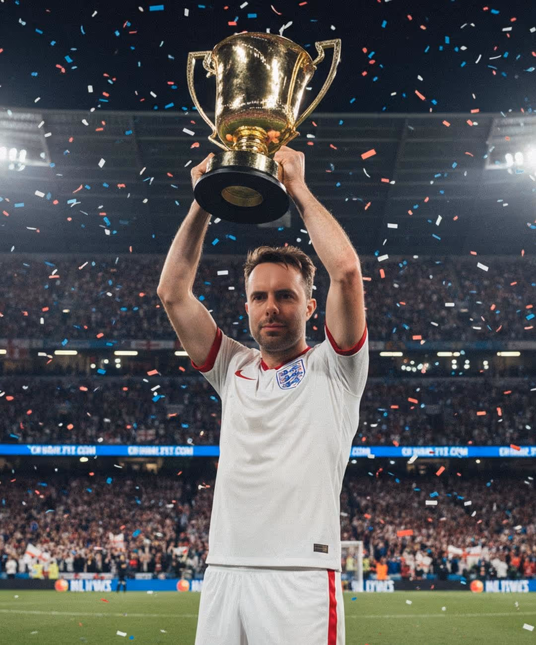 AI-generated soccer champion portrait lifting a trophy for a sports sponsorship activation, illustrating professional AI Photo Booth hire for fan engagement in London