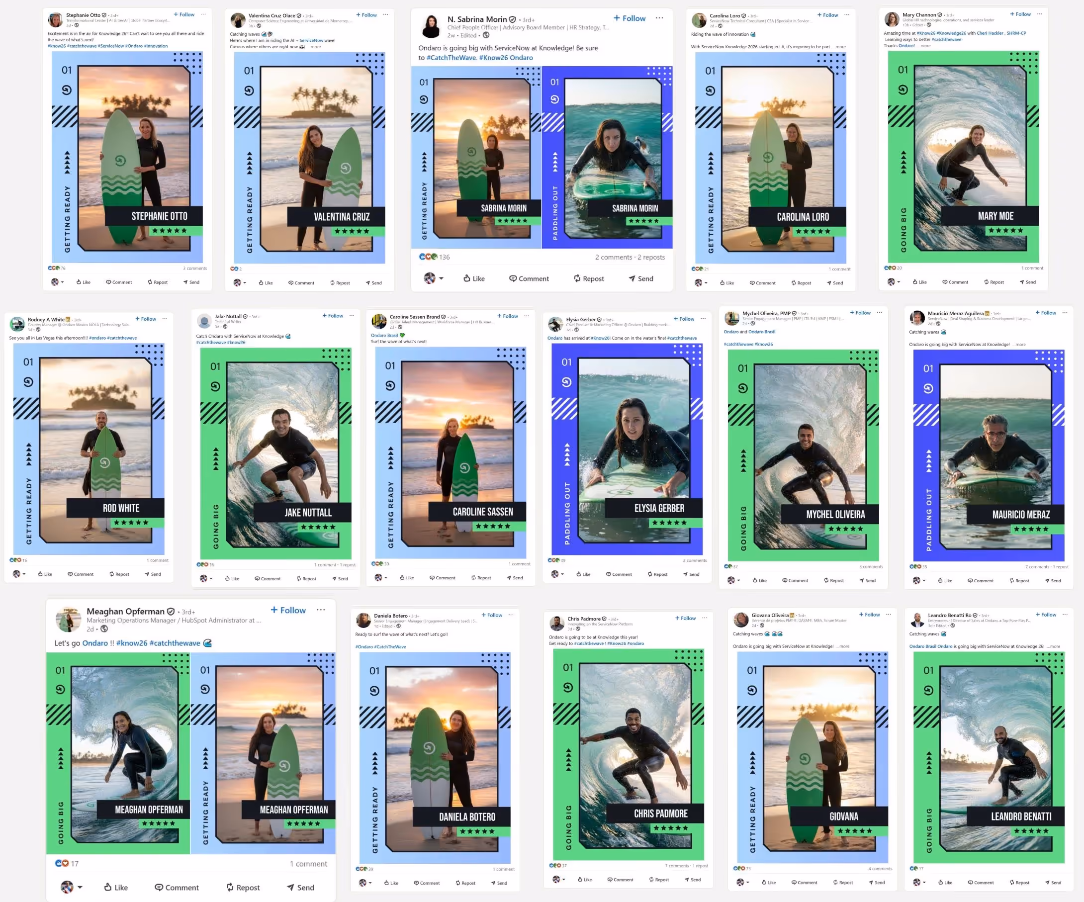 17 LinkedIn posts from Ondaro's leadership and team sharing their AI surf trading cards in the weeks before ServiceNow Knowledge 2026