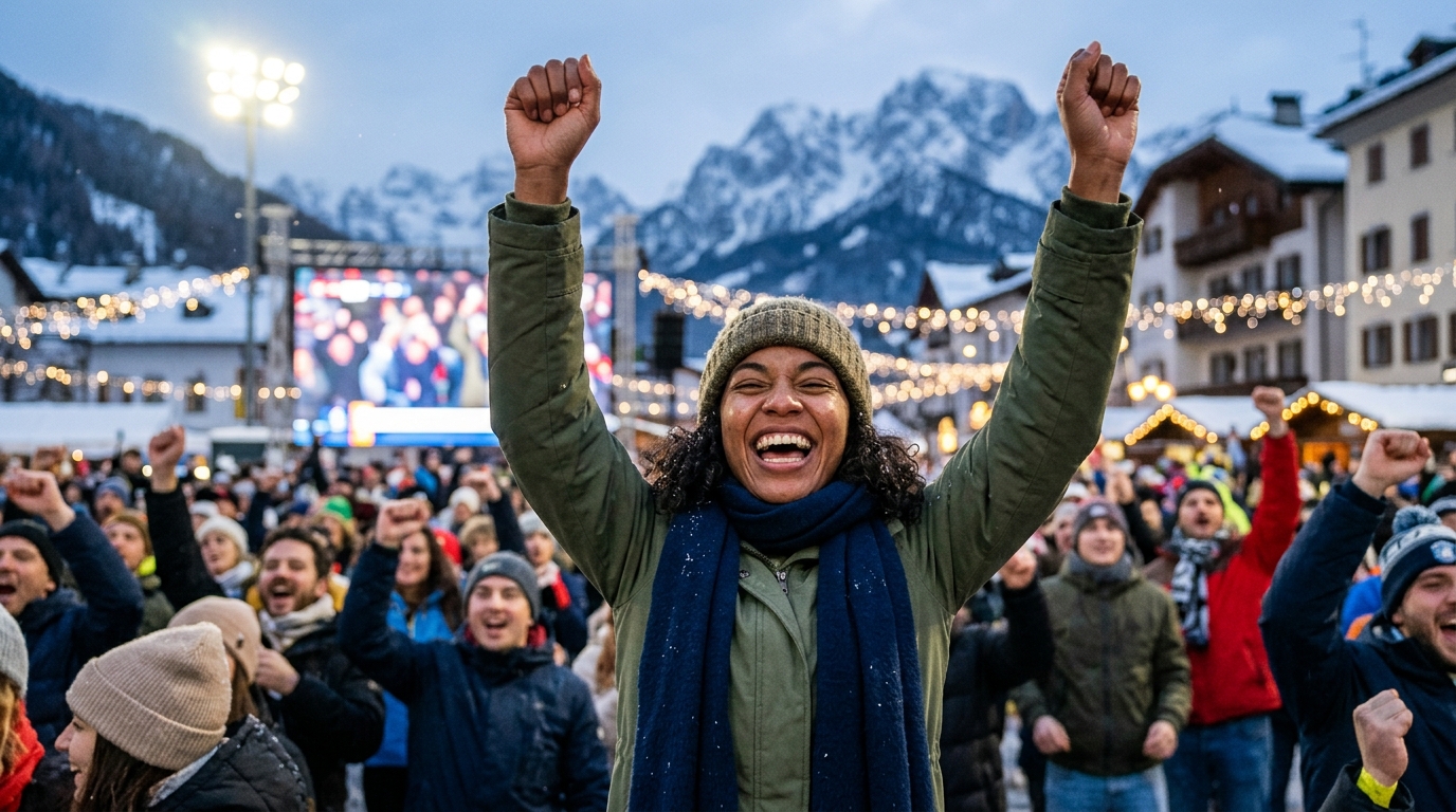 Milan-Cortina 2026 fans celebrating at a snowy winter fan zone.