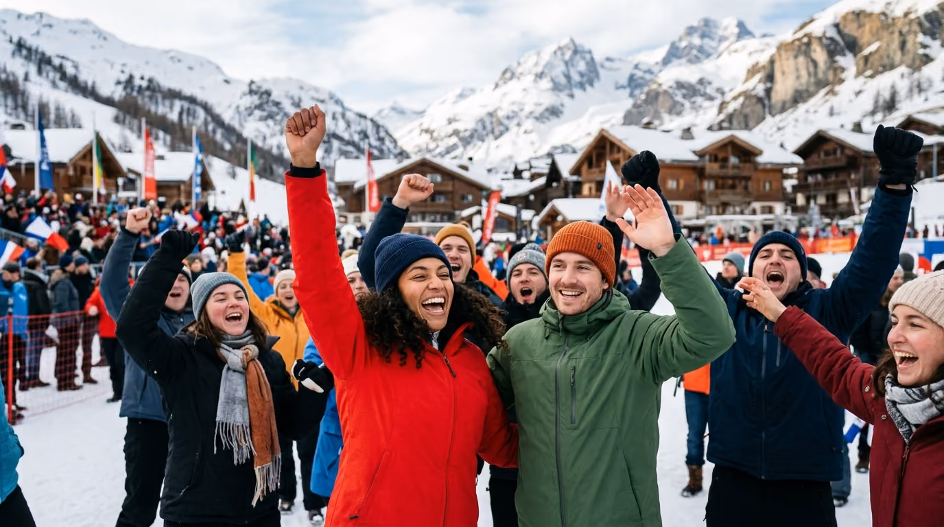 French Alps 2030 fans celebrating at a snowy alpine resort fan zone.