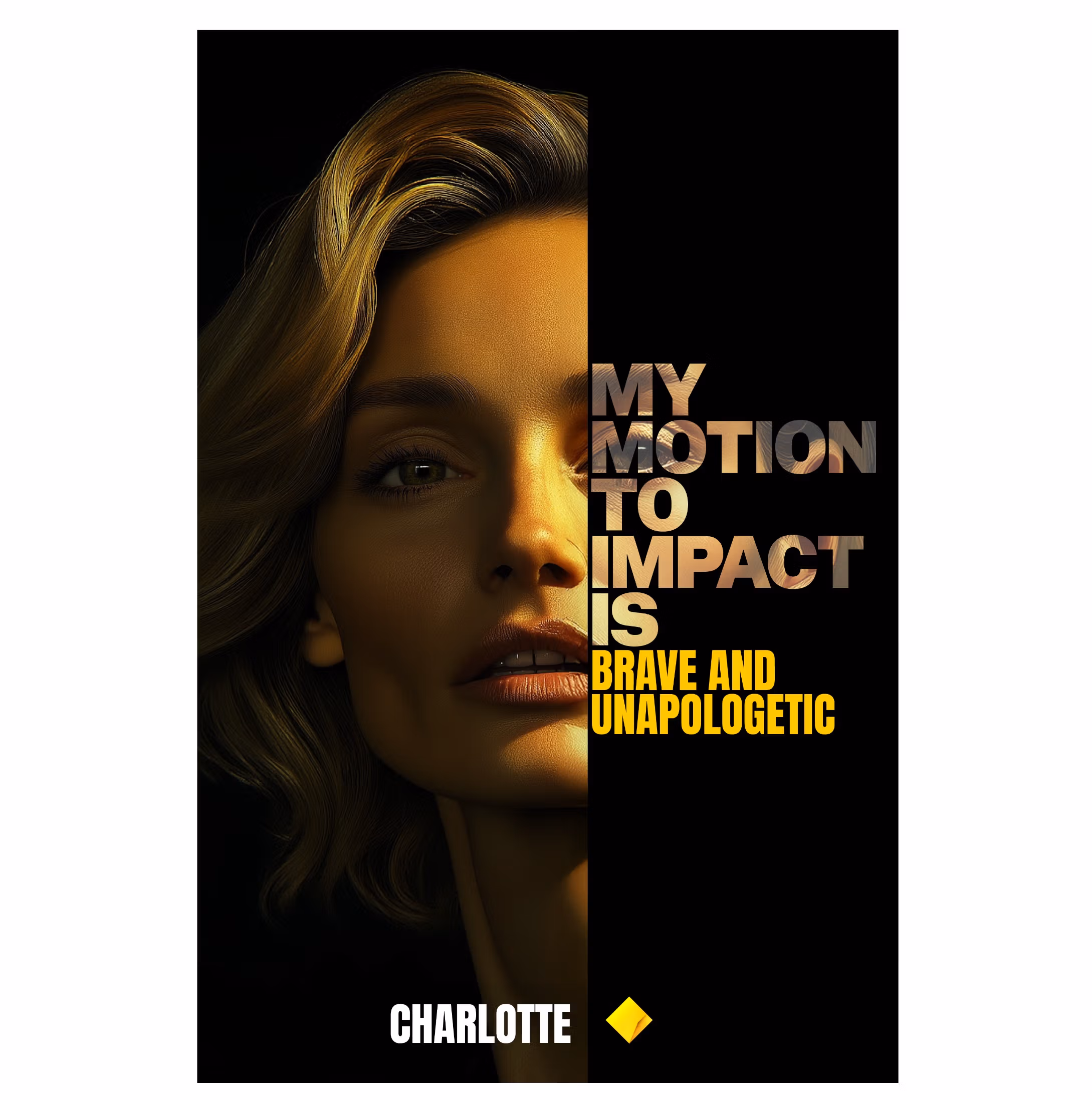 AI Photo Booth portrait of a woman with golden light on her face and empowering text for CBA Vogue Codes