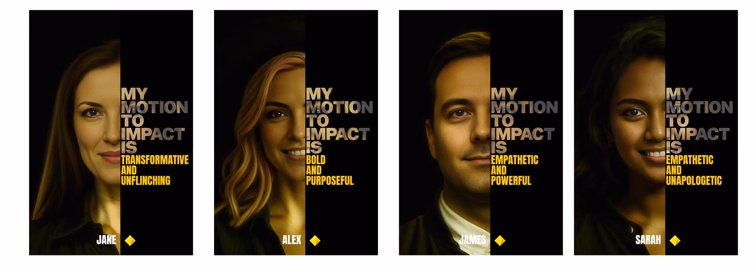 Four diverse portraits, split vertically, with faces on the left and text on the right describing their unique 'motion to impact