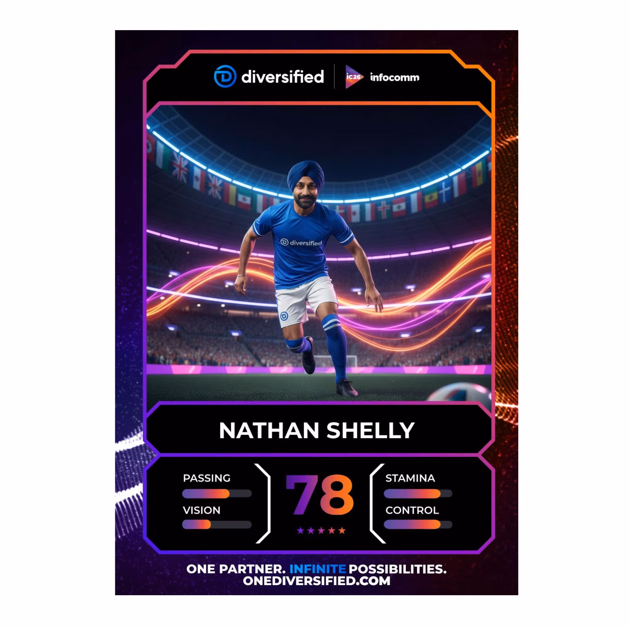 Diversified Infocomm 2026 AI trading card with a man wearing a turban in a soccer uniform, stats, and company branding