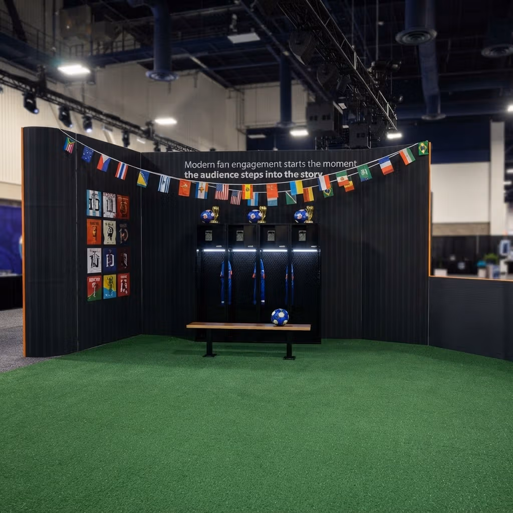 Soccer-themed fan engagement booth with green turf, international flags, player posters, and lockers with jerseys