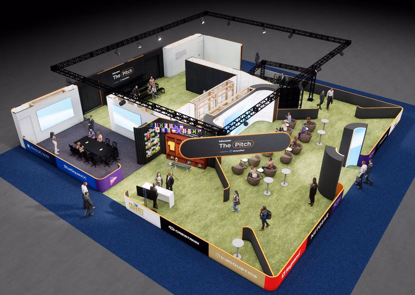 Aerial view of Diversified's Infocomm "The Pitch" booth with green turf, showing attendees mingling and interacting