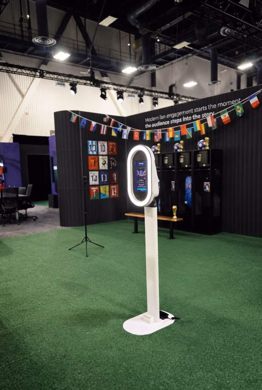 A modern AI trading card station on green turf at a sports-themed exhibition booth with flags and soccer jerseys