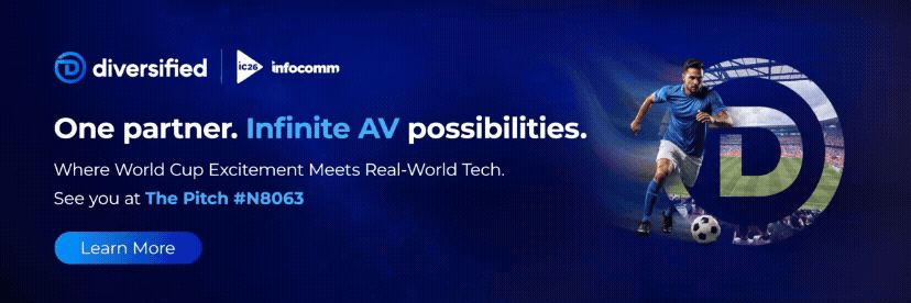 Diversified Infocomm banner with a soccer player, ball, stadium, and "Infinite AV possibilities" text