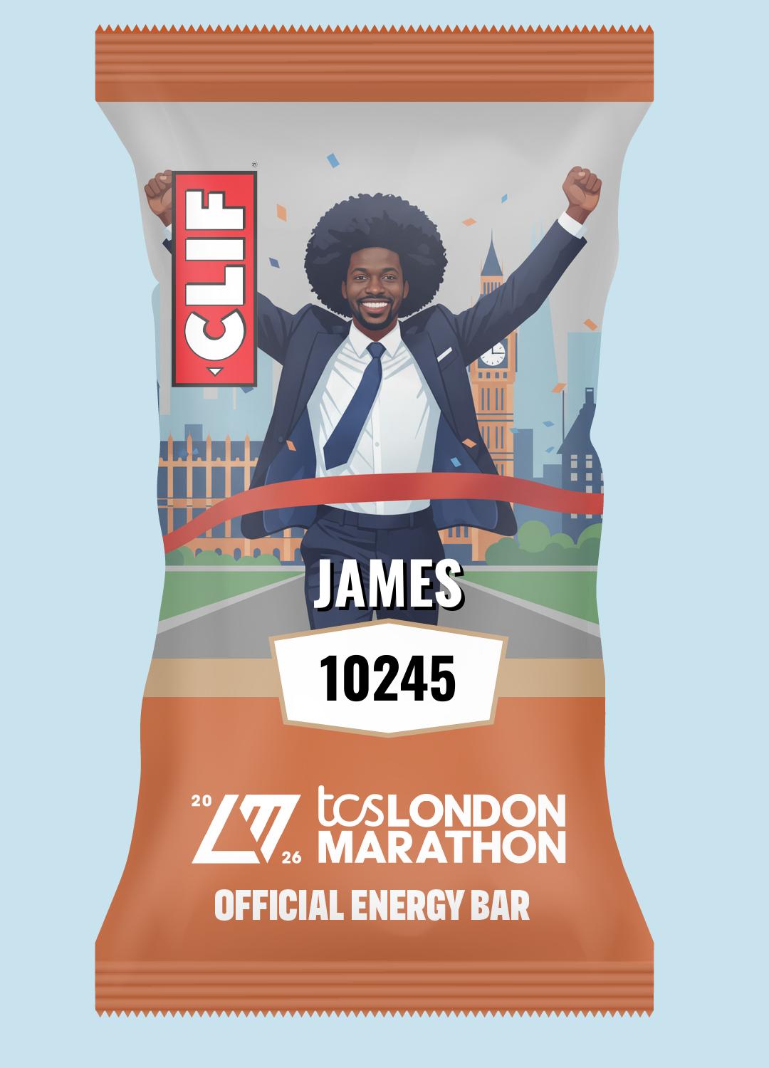 AI-generated CLIF Official Energy Bar pack showing a runner named James crossing a London finish line.