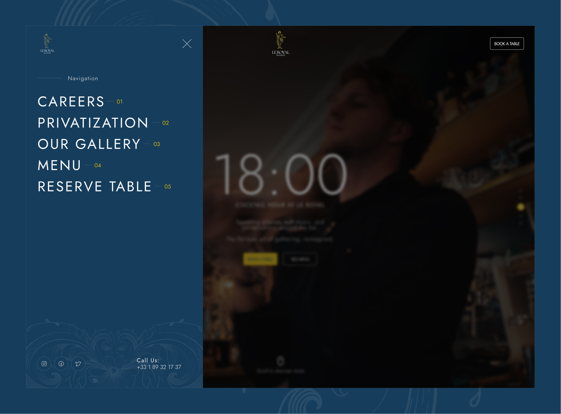 Restaurant website navigation menu with options for Careers, Privatization, Our Gallery, Menu, and Reserve Table, alongside a blurred background image of a man in a bar.