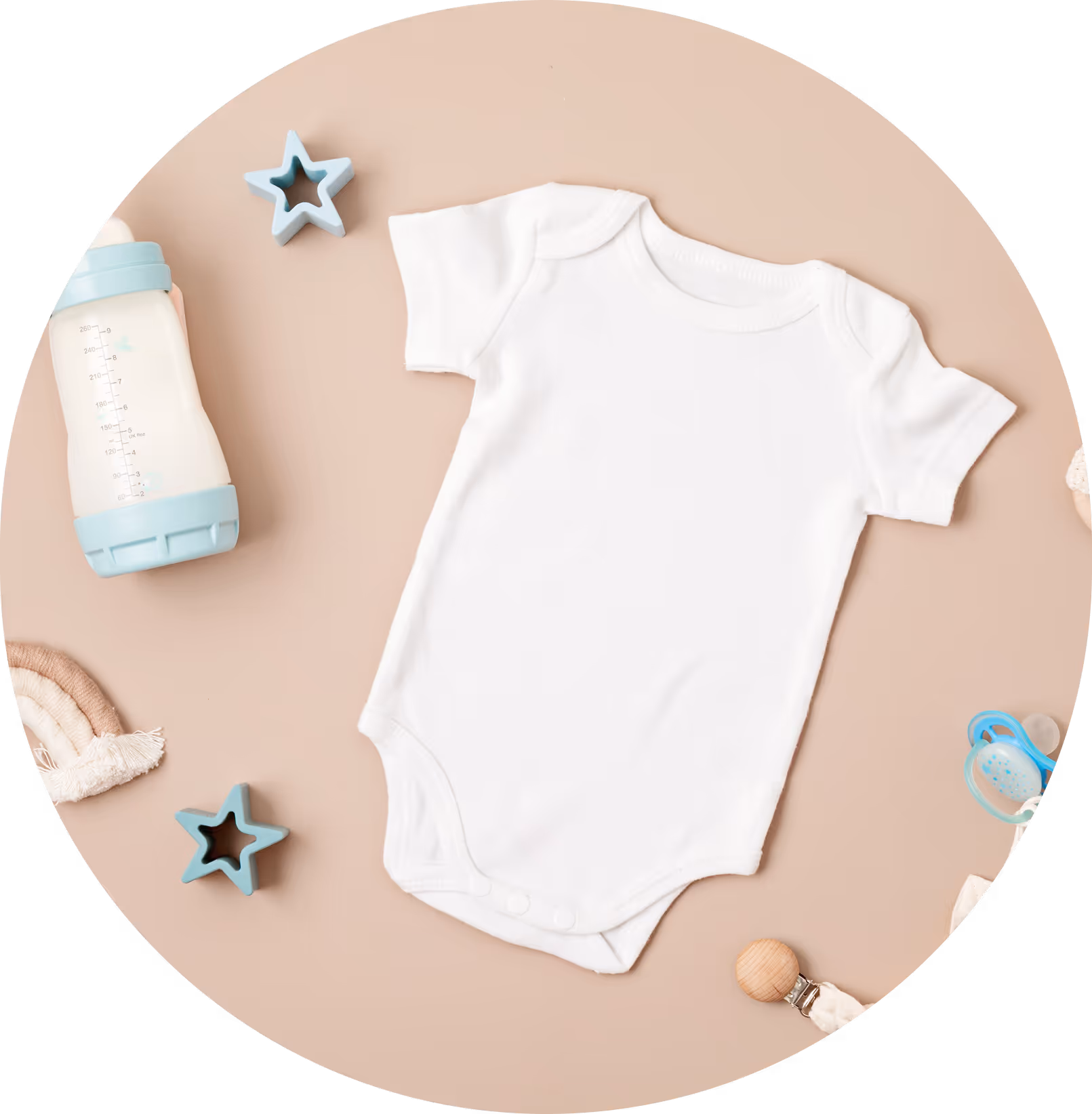 baby products including onesie, pacifier, bottle