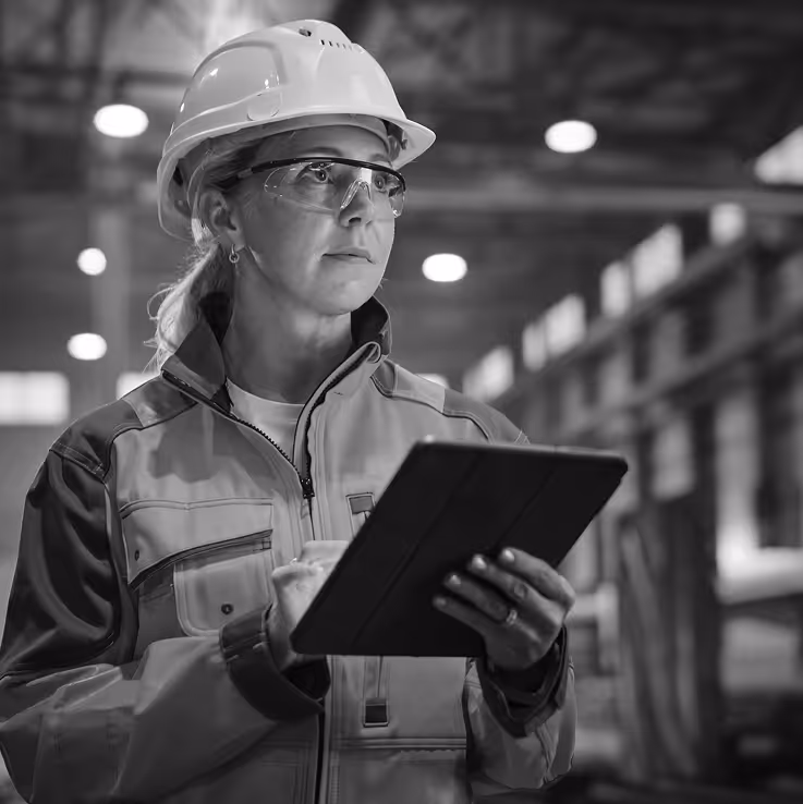 Woman with a hardhat listening to an announcement