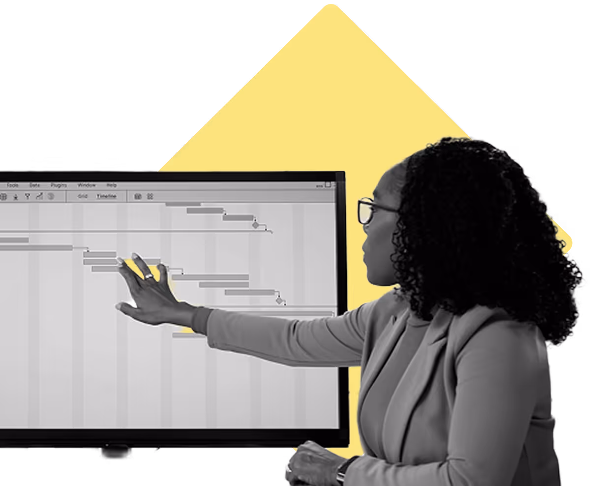 Woman pointing at analytics on a screen