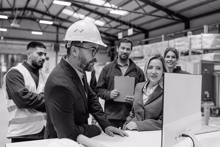 People in manufacturing looking at a computer screen together