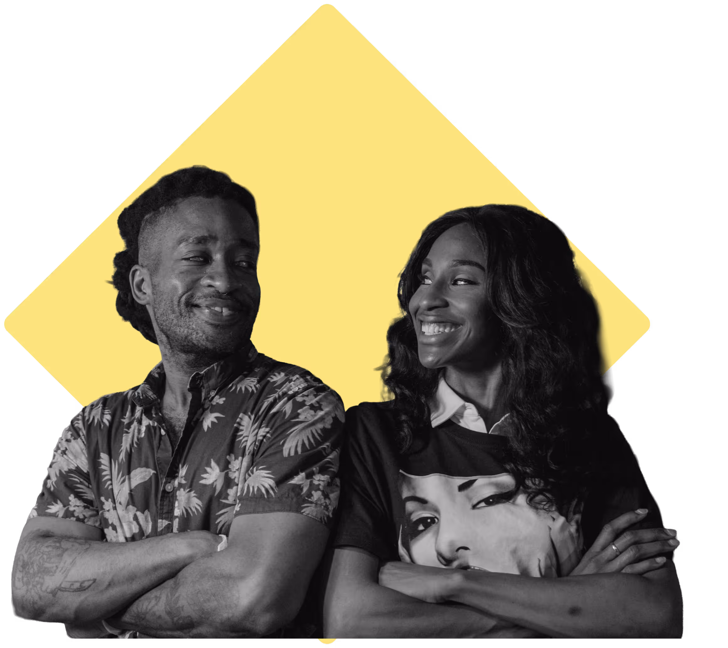 Waiter and bartender smiling at each other, cross-armed.