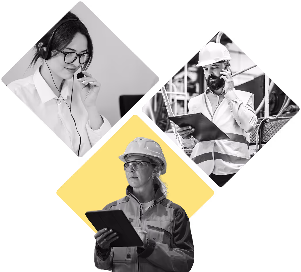 3 people smiling while talking on mobile and business phones