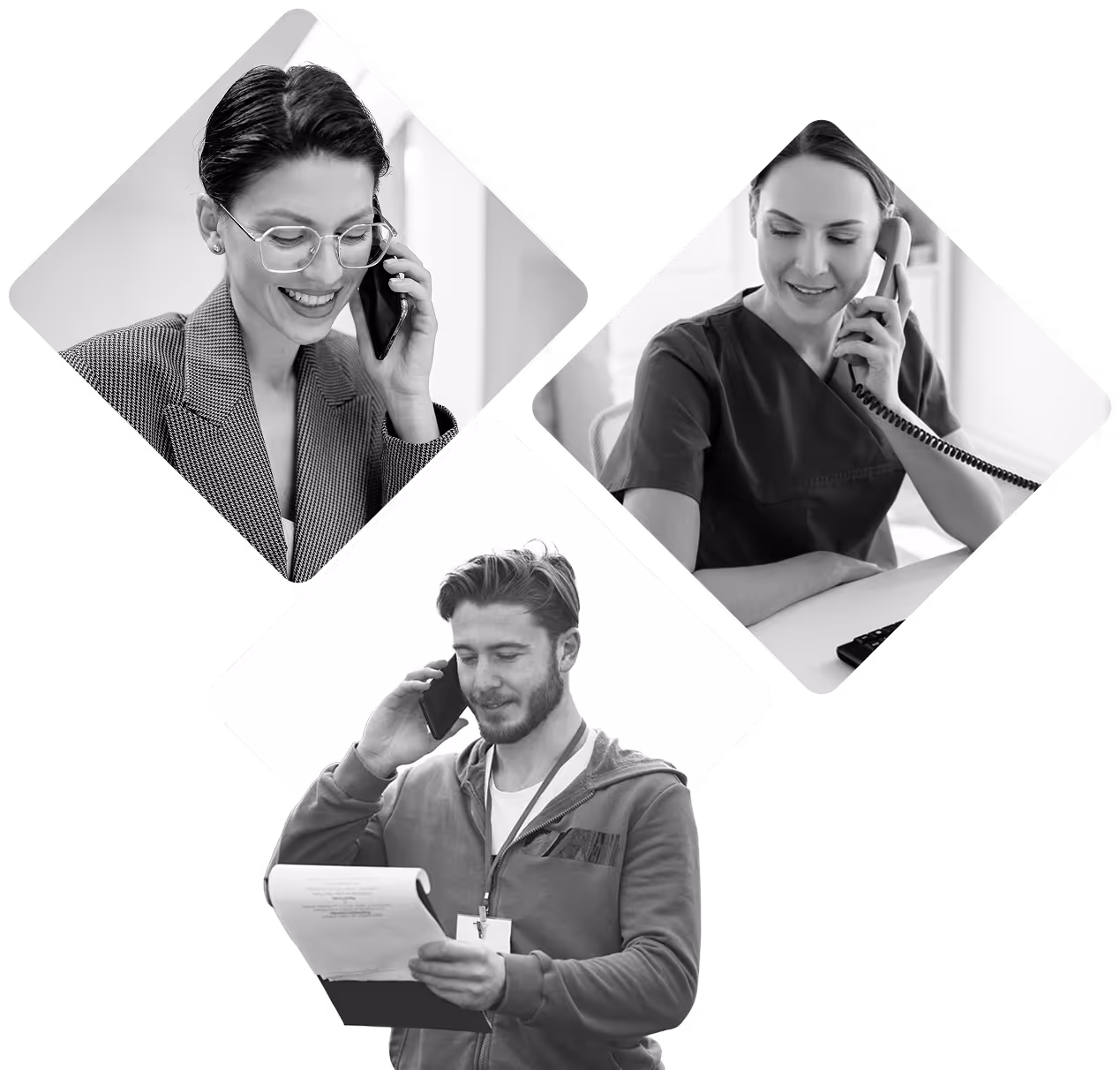 3 people smiling while talking on mobile and business phones