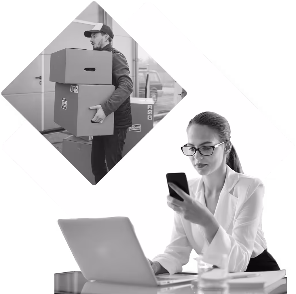 Business woman checking her phone while a delivery man holds boxes at the front door