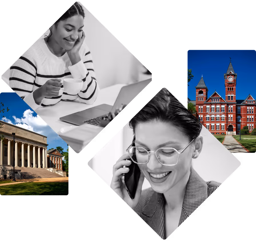 Two people talking on the phone with different educational institutions in the background
