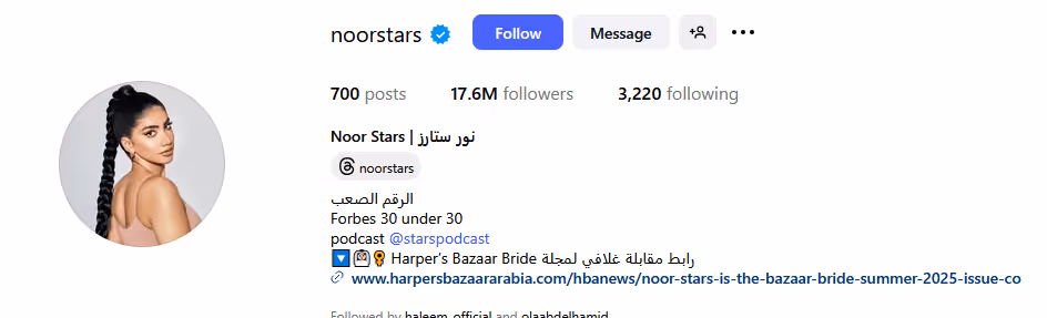 profle screen for Noor Stars mega influencer