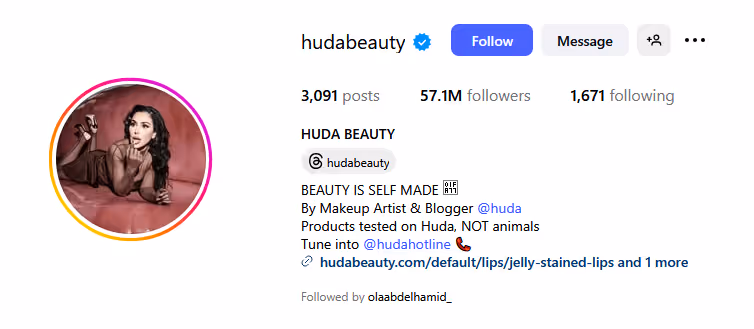 profile screen for mega influencer Huda Kattan
