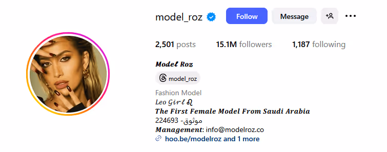 Model Rose - profile screen as mega influencer