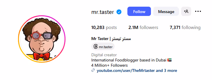sreen for instagram profile of Mr. Taster