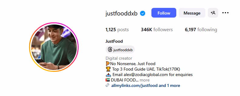 justfooddxb  influencer account on Instagram