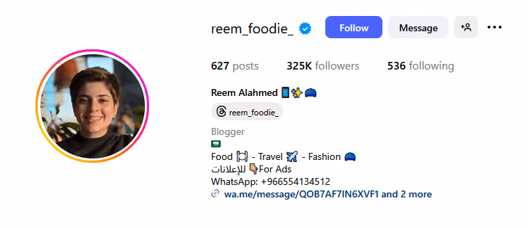 Reem Foodi, instagram influencer profile