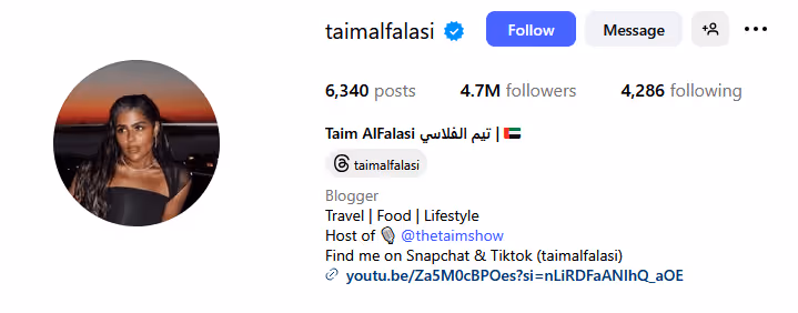 Taim Al Falasi influencer account on instagram