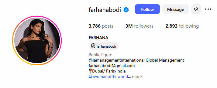 farhanabodiBio;  global fashion and beauty influencer