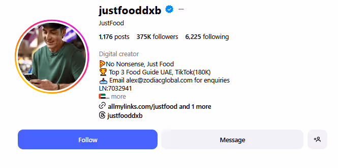 JustFoodDXB is the account of Alex, one of Dubai's most popular food bloggers.