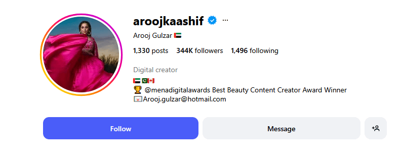 Arooj Gulzar is a beauty, fashion, and lifestyle influencer 