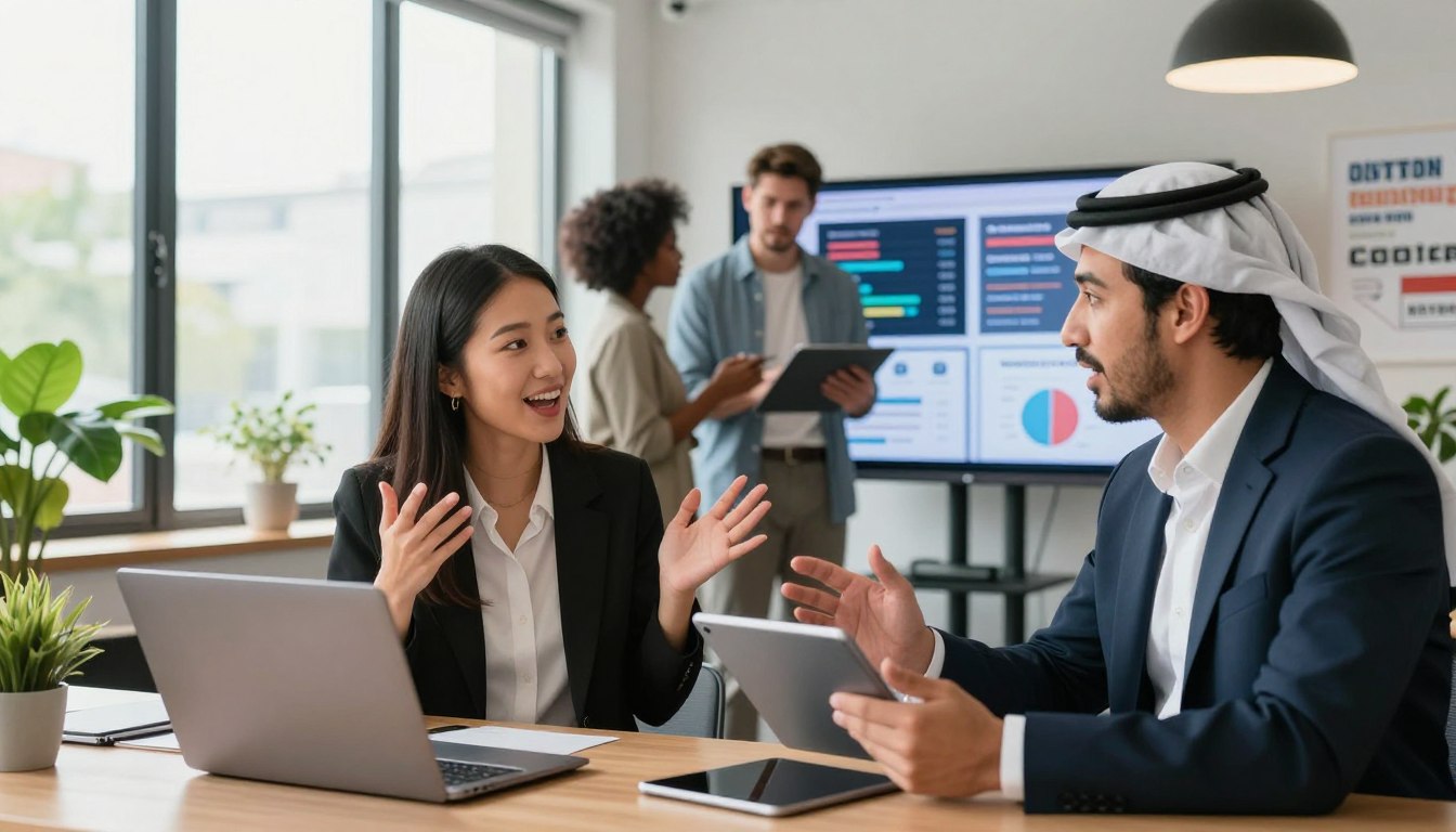 A vibrant and dynamic scene showcasing a diverse group of professionals engaged in influencer outreach strategies for Boomerang. In the foreground, an Asian woman in a smart casual outfit enthusiastically discussing ideas with a Middle-Eastern man in business attire, using a laptop and digital tablet. In the middle ground, two professionals, an African-American woman and a Caucasian man, are reviewing social media analytics on a large screen, deep in conversation. The background features a modern office space with large windows allowing natural light to flood in, plants providing a touch of greenery, and motivational graphics on the walls. The lighting is bright and inviting, creating a collaborative and energetic atmosphere that represents success in influencer outreach.