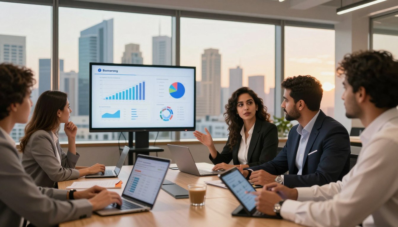 A modern office space in a vibrant city within the GCC, showcasing a diverse group of professionals engaged in a strategic meeting about influencer outreach. In the foreground, a confident Middle-Eastern female influencer in professional attire is discussing ideas with a South Asian male marketing executive, both using laptops and digital tablets. In the middle ground, a large screen displays graphs and social media metrics related to influencer marketing. The background features large windows offering a panoramic view of the bustling city skyline during golden hour, with warm, inviting lighting filling the room. The atmosphere is energetic and collaborative, emphasizing innovation and strategy in digital marketing. Include the brand name "Boomerang" subtly featured on the presentation screen.