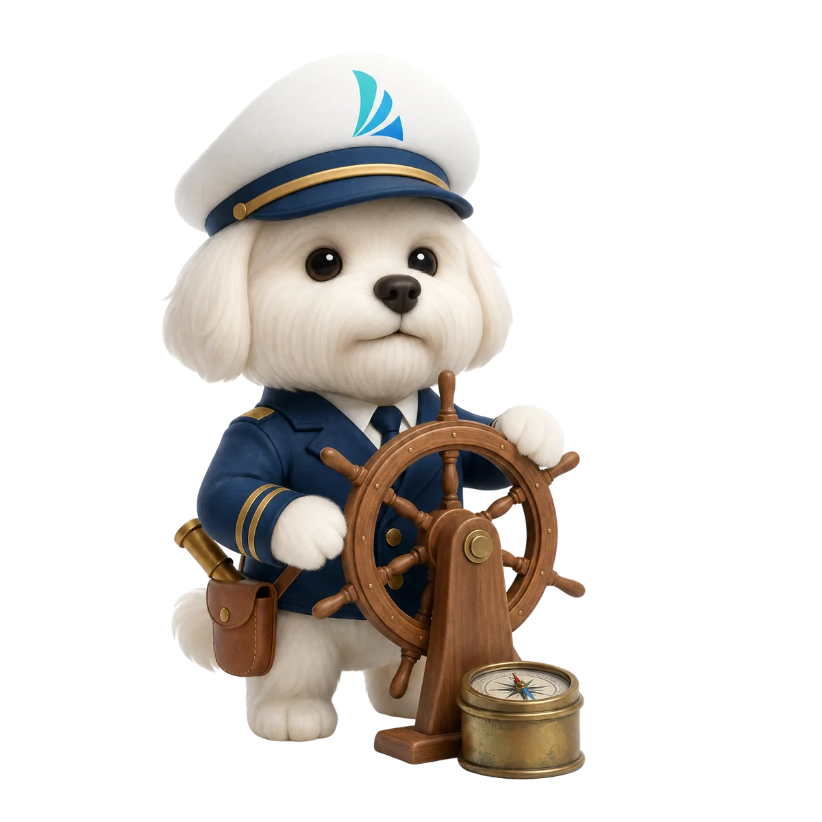 Velly, the Veleiro captain mascot, at the ship’s wheel