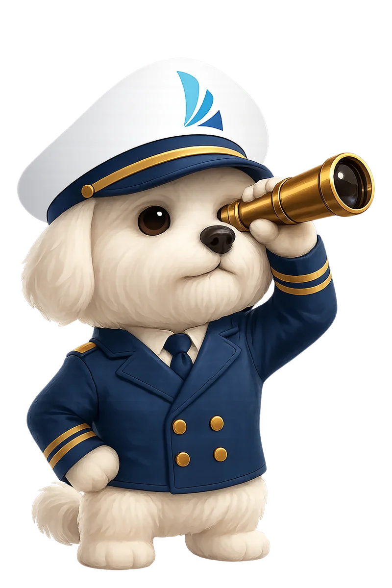 Velly, Veleiro’s captain mascot, keeping watch with a telescope
