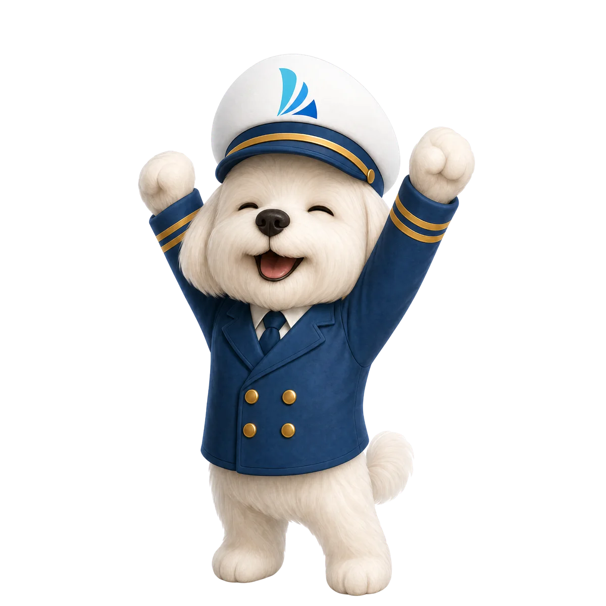 Velly, the Veleiro captain mascot, celebrating with arms raised