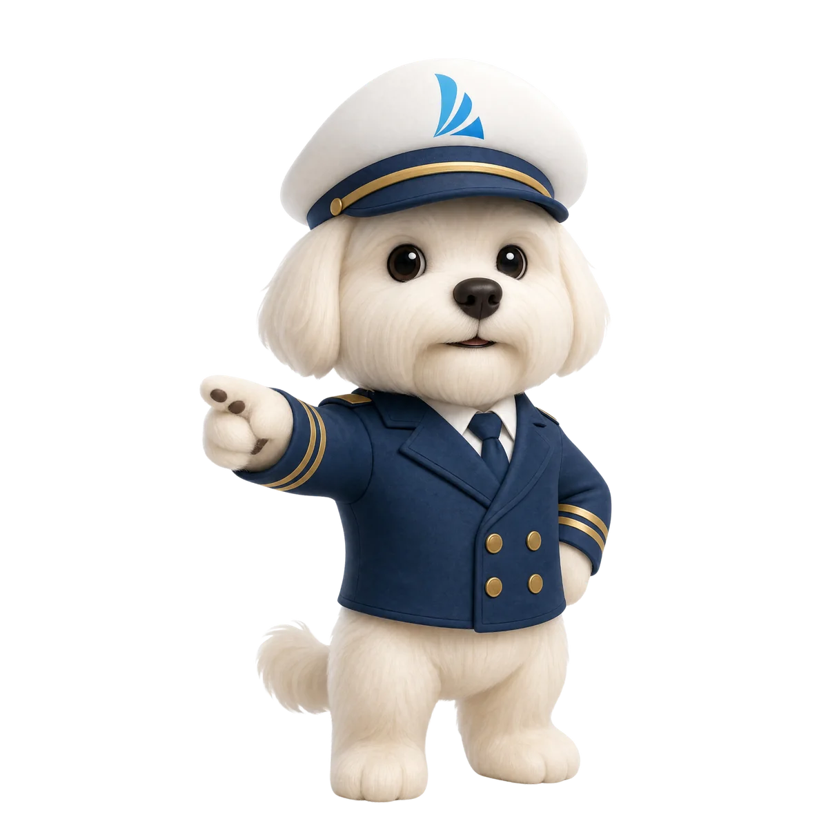 Velly, the Veleiro captain mascot, pointing the way