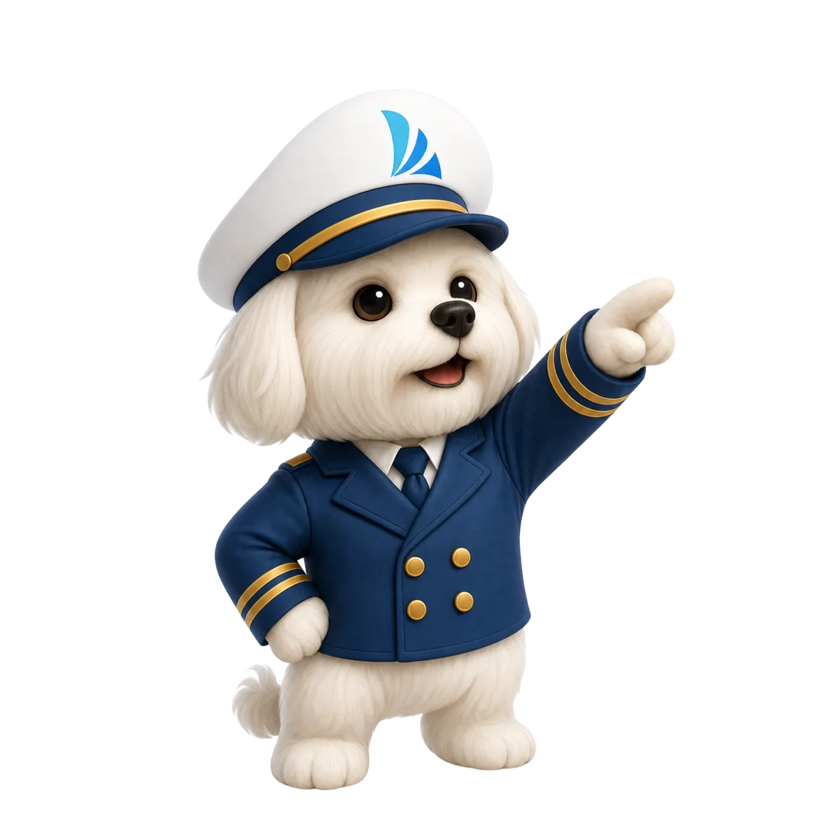 Velly, the Veleiro captain mascot, pointing ahead
