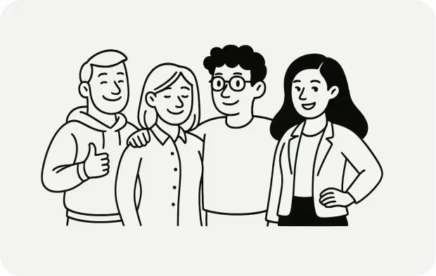 Illustration einer Gruppe von vier Personen, die lächelnd zusammenstehen, einer zeigt den Daumen hoch
