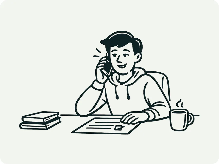 Illustration eines Mannes am Schreibtisch, der telefonisch einen Versicherungsschaden meldet, neben sich Notizen, Bücher und eine Tasse Kaffee