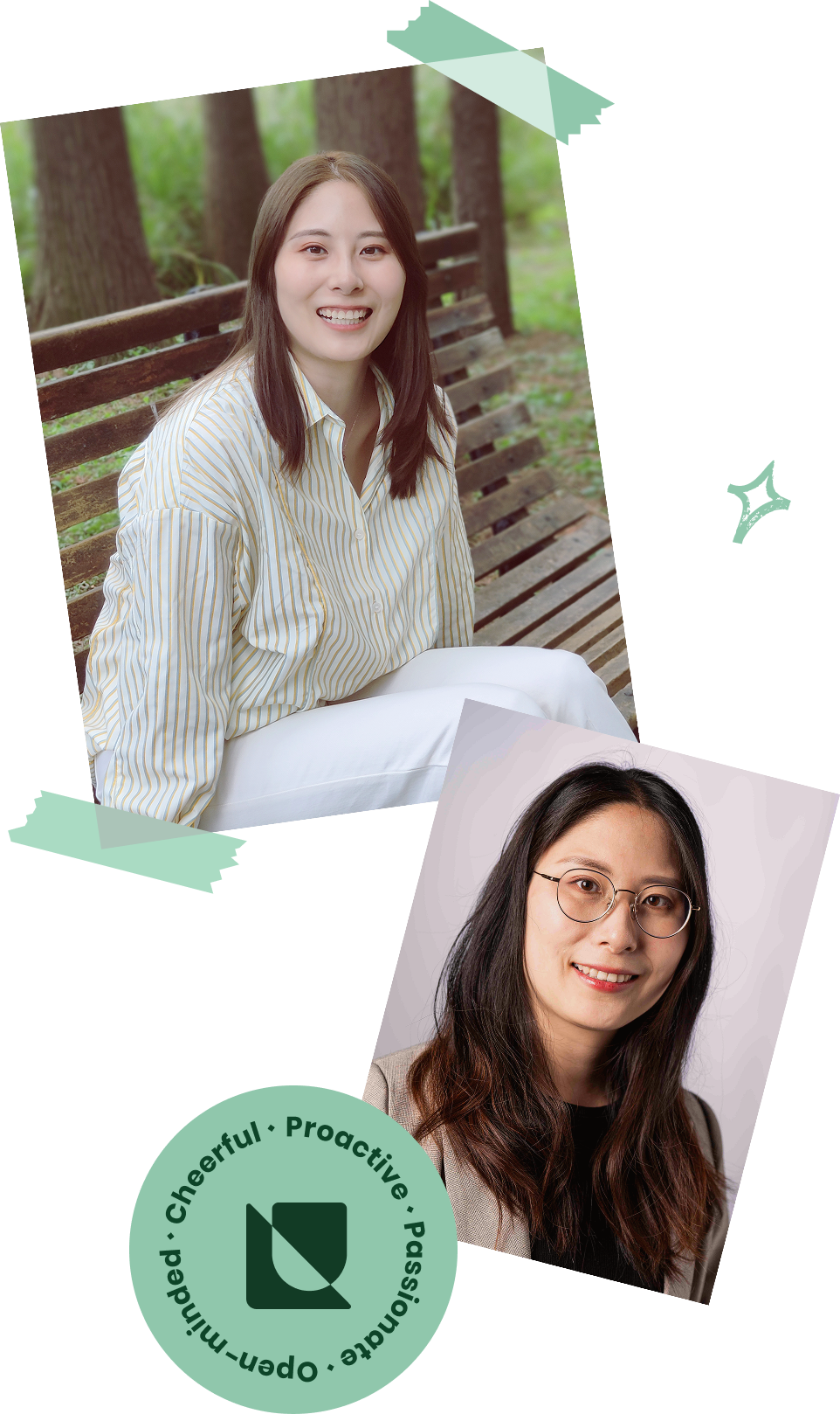 A graphic collage of Lucy with a professional headshot at the top and a casual photo of her on a park bench at the bottom. A green circular sticker reads: 'Cheerful, proactive, passionate, open-minded'.