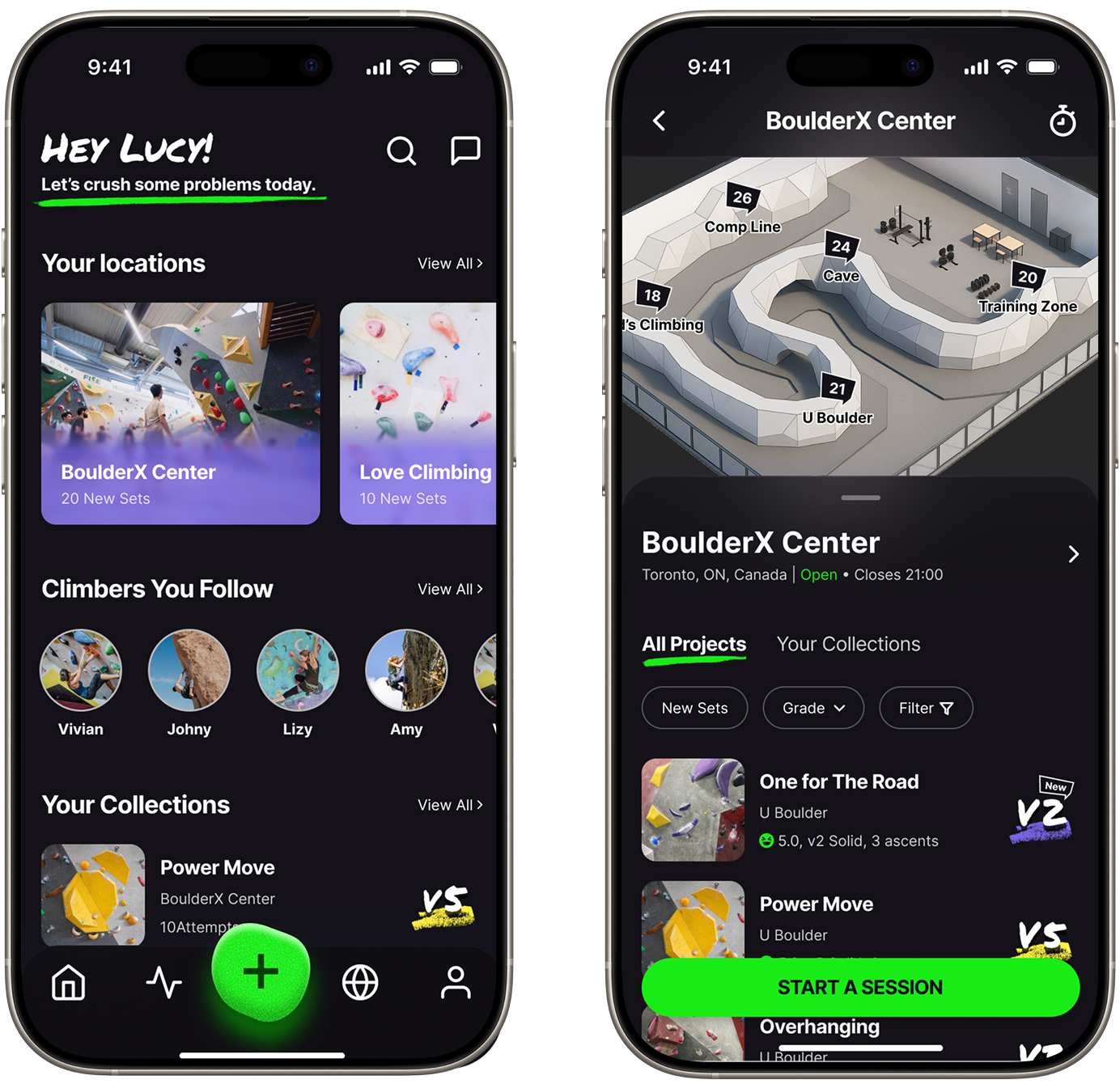 Two mobile mockups of the WALLZ climbing app. The first screen is the homepage with sections for 'Your locations' (BoulderX Center, Love Climbing), 'Climbers You Follow' (Vivian, Johny, Lizzy, Amy), and 'Your Collections' (Power Move). The second screen displays the BoulderX Center gym detail page with an overhead map of climbing areas and a list of climbing projects like 'One for The Road' and 'Power Move'.