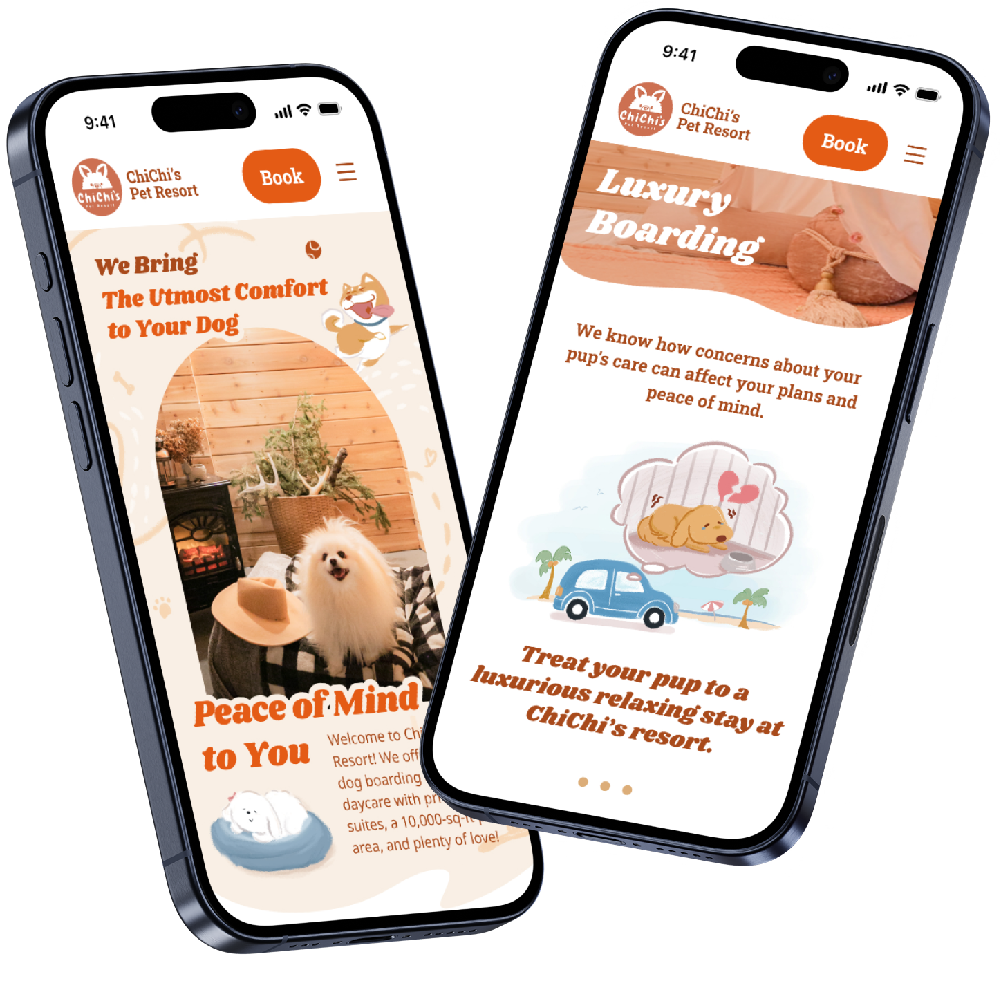 Two mobile mockups of the ChiChi's Pet Resort app. The left screen is the homepage showing the title 'We Bring The Utmost Comfort to Your Dog' with an image of a fluffy white dog in a cozy room. The right screen is the 'Luxury Boarding' page with the heading 'Peace of Mind' and illustrations of a dog relaxing and a car, emphasizing a luxurious stay.