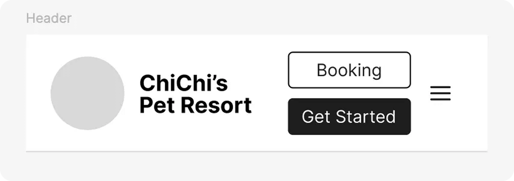 Original header design for ChiChi's Pet Resort, showing a logo placeholder, the brand name, and two call-to-action buttons: 'Booking' (white outline) and 'Get Started' (solid black), with a menu icon. This highlights the confusing CTAs in the first version of mid-fi prototype.
