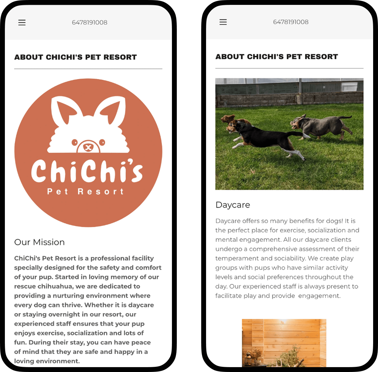 Mobile screens of ChiChi's Pet Resort website before redesign. The left screen shows the company logo and 'Our Mission' text. The right screen details 'Daycare' services with an image of two dogs running in a grassy outdoor play area.