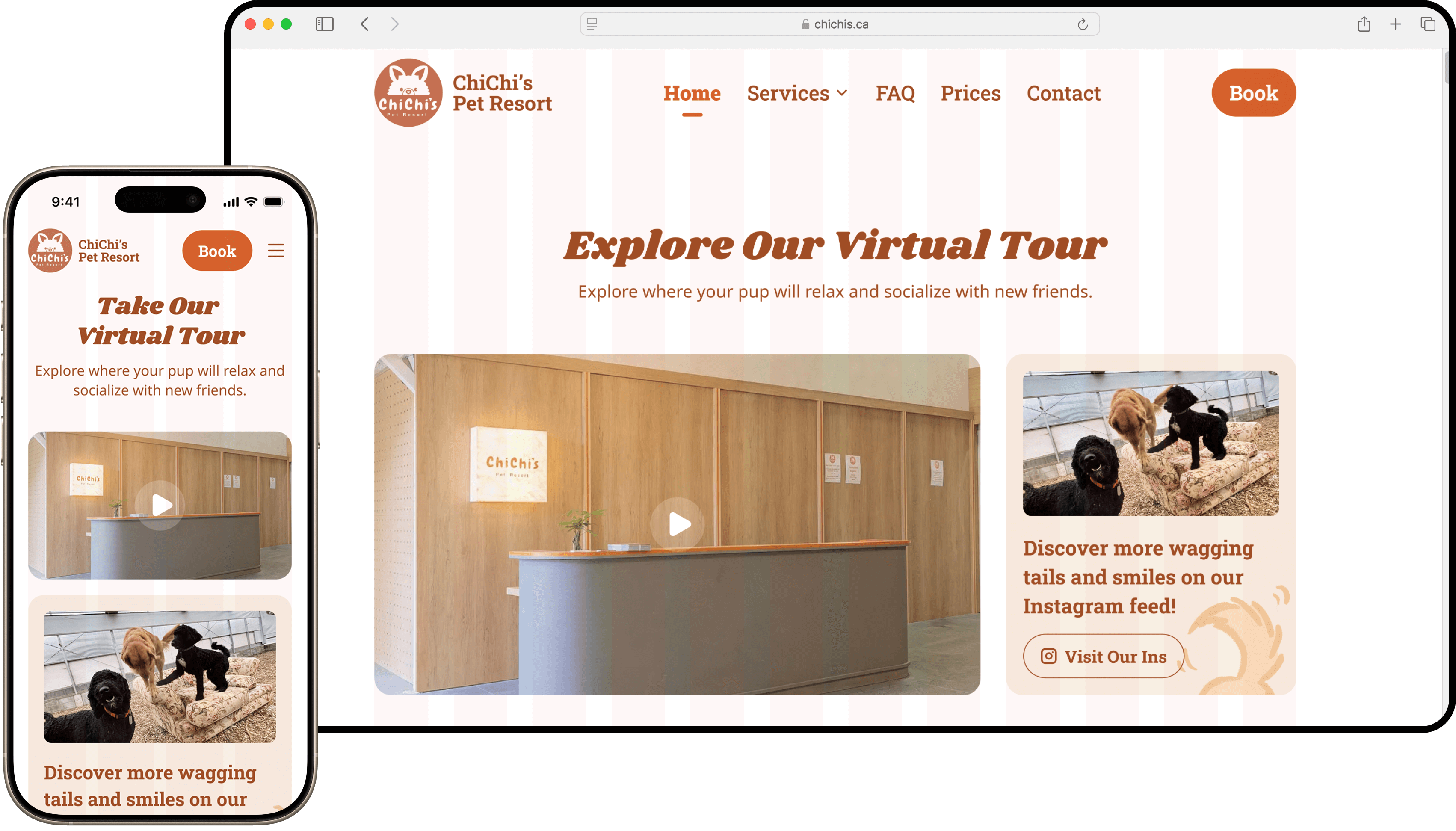 Responsive website design for ChiChi's Pet Resort, showing a mobile phone screen and a desktop browser view side-by-side. Both display the 'Explore Our Virtual Tour' section with a video and an invitation to visit Instagram, demonstrating how the design adapts to different screen sizes using a grid system.